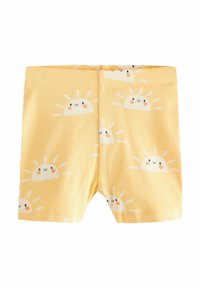 Gula bomullsshorts med ribbad textur, med ett upprepande solmönster i vitt och orange. Resårmidja för komfort.