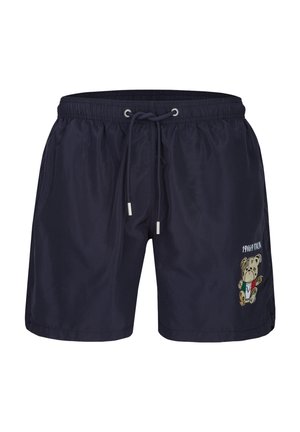 Marineblaue Badeshorts mit elastischem Bund und Kordelzug, mit einer kleinen Teddybär-Grafik und dem Schriftzug „19V69 Italia“ am linken Bein.