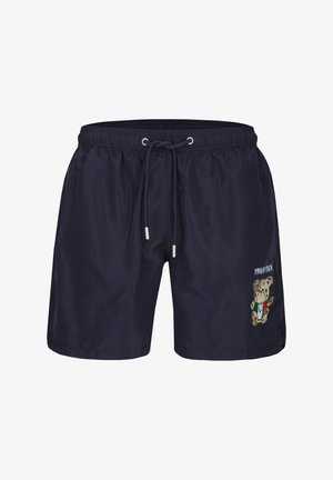 Marineblaue Badeshorts mit elastischem Bund und Kordelzug, mit einer kleinen Teddybär-Grafik und dem Schriftzug „19V69 Italia“ am linken Bein.
