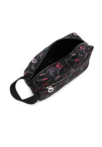 Beauty case floreale nera con chiusura a zip, caratterizzata da motivi di rose rosse e viola, una maniglia in tessuto e un interno foderato.