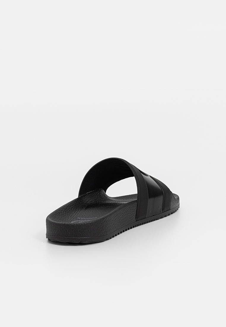 Schwarze Rutschsandalen mit einer strukturierten Sohle, zwei geschwungenen Riemen und einem flachen Design. Hergestellt aus synthetischem Material mit einer glatten Oberfläche.