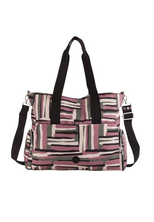 Große Tragetasche mit einem pinken und grauen abstrakten Muster. Hergestellt aus strapazierfähigem Stoff, verfügt über schwarze Griffe und einen abnehmbaren Schultergurt.