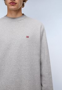 Lichtgrijze sweatshirt met lange mouwen, een ronde halslijn en een kleine geborduurde Noorse vlag op de borst. Zachte katoenen textuur.