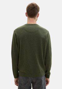 Zöld kötött pulóver kerek nyakkal, hosszú ujjakkal és bordázott aljjal. Sima textúra és letisztult design. Nincsenek látható márkajelzések vagy minták.