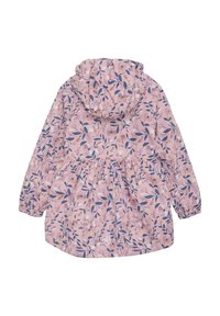 Blomsterjakke i pink med hætte, prydet med et mønster af blade og blomster i lilla, gul og hvid; indsnævret talje.