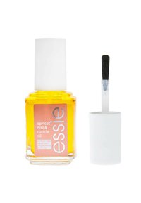 Huile pour ongles et cuticules Essie à l'abricot dans une bouteille en verre carré avec un bouchon blanc. L'huile est d'un jaune vif et un applicateur pinceau est inclus.