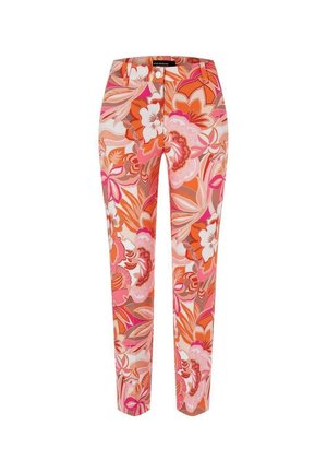 Pantaloni slim fit con motivo floreale vivace nei colori arancione, rosa e bianco, chiusura con bottone e zip e passanti per cintura.