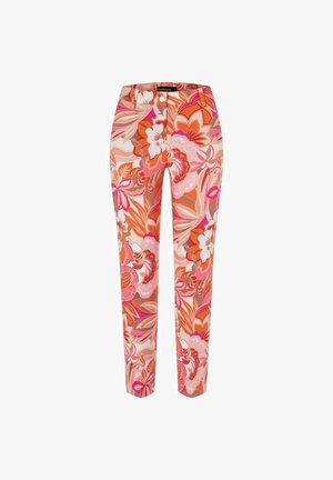 Pantalon slim avec motif floral orange vif, rose et blanc, fermeture par bouton et zip, et passants pour ceinture.