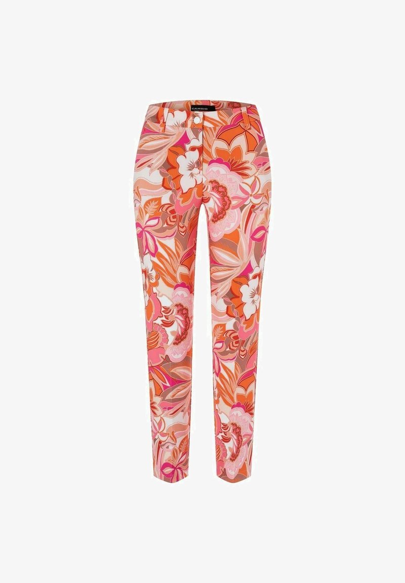 Pantalon slim avec motif floral orange vif, rose et blanc, fermeture par bouton et zip, et passants pour ceinture.