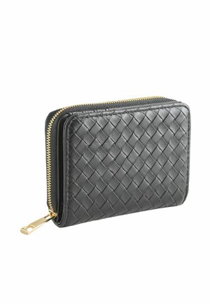 Black leather wallet with woven texture and gold zipper, shown closed on a white background.