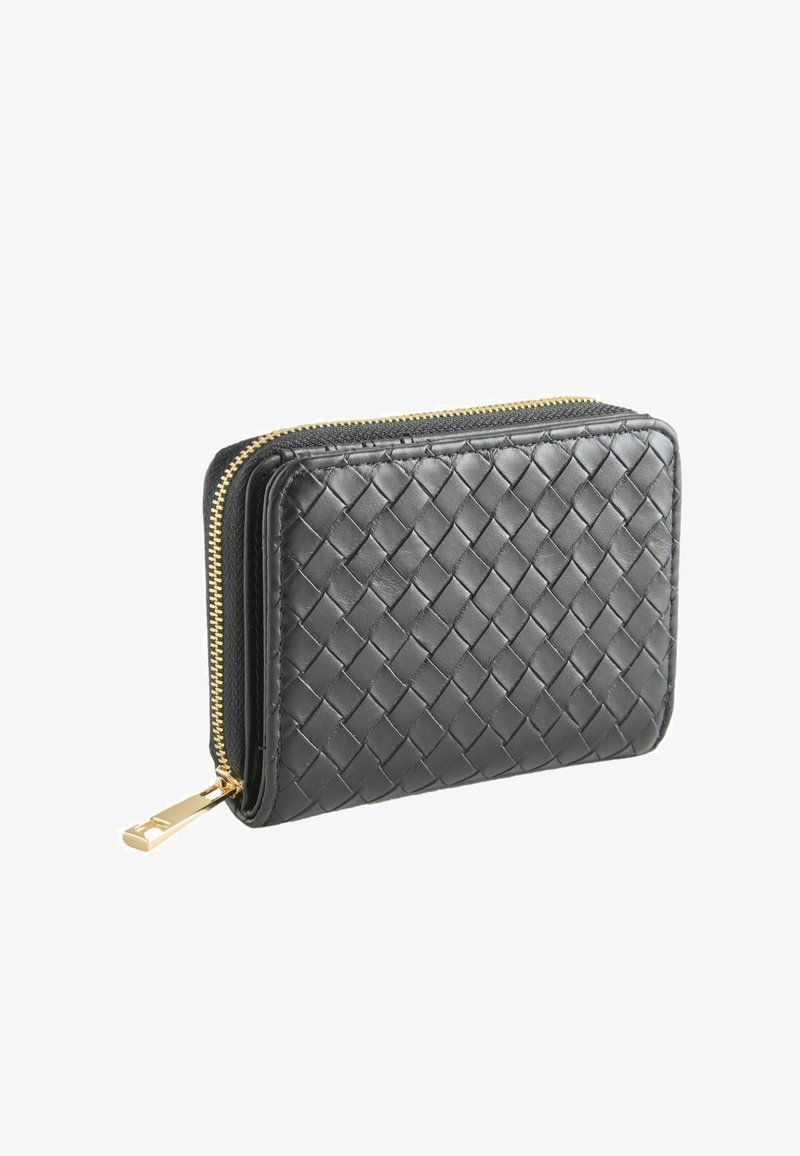 Portefeuille en cuir noir avec texture tissée et fermeture éclair dorée, présenté fermé sur un fond blanc.