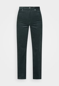 Gröna kordflöjtbyxor med raka ben, med vertikal ribbning, femfick-design, frontknäppning och metallaccenter.