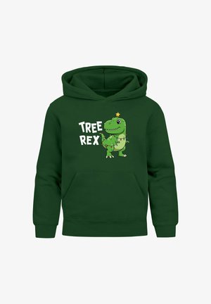 Grüner Hoodie mit einem Cartoon-Dinosaurier, der mit Weihnachtslichtern geschmückt ist. Der Text lautet "TREE REX" mit einem Stern über dem Kopf des Dinosauriers. Weicher Stoff.