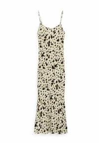 Longue robe nuisette crème avec fines bretelles et motif léopard irrégulier noir et marron.