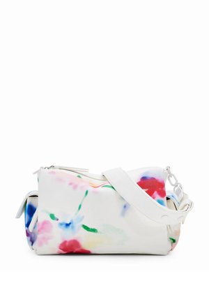 Weiße Tasche mit floralen Mustern in Pink, Blau und Grün. Verfügt über einen Reißverschluss, einen verstellbaren Trageriemen und eine glatte Textur. Kompaktes Design.