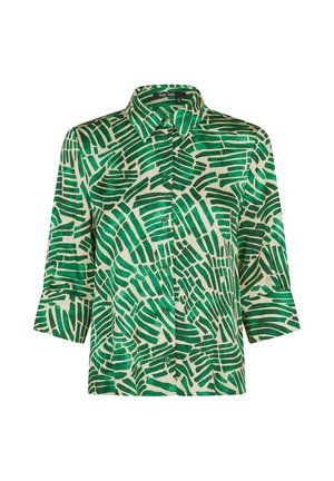 Green and white patterned long-sleeve button-up shirt with a collar, featuring abstract brushstroke designs throughout the fabric.