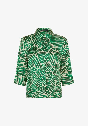 Green and white patterned long-sleeve button-up shirt with a collar, featuring abstract brushstroke designs throughout the fabric.