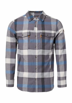 Męska koszula z długim rękawem zapinana na guziki, z niebieskim, szarym, czarnym i białym wzorem w kratę oraz dwie kieszenie na piersi z klapami i suwakami.