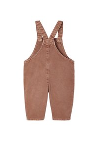 Braune, kindgerechte Baumwoll-Latzhosen aus Cord mit Trägern und einer vorderen Tasche, flach auf einem weißen Hintergrund dargestellt.