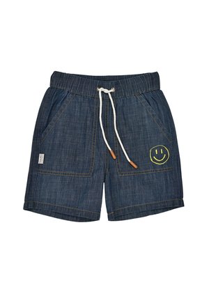 Denim blue shorts with elastic waistband, white drawstring, two front pockets, and a yellow embroidered smiley face on right leg.