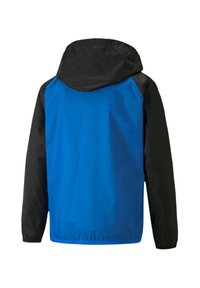 Hoody met een blauwe voorkant en zwarte mouwen, gemaakt van glad, waterafstotend materiaal met elastische manchetten en een elastische tailleband.