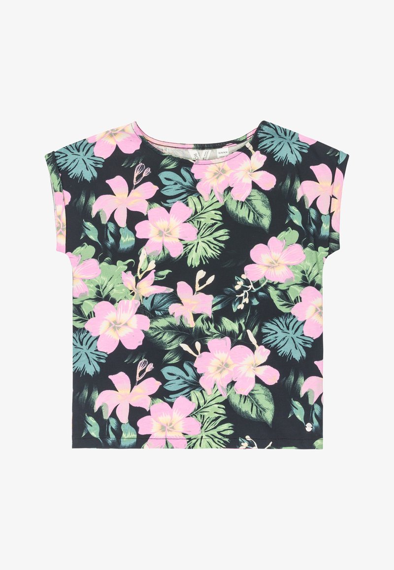 Lyhythihainen pusero, jossa on musta tausta suurilla vaaleanpunaisilla ja vihreillä kukkakuviolla, sileä rakenne ja rento istuvuus.