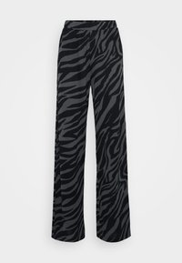 Pantaloni a gamba larga in un tessuto morbido con un motivo a strisce zebrate nere e grigie scure. Vita elastica per comfort e facilità di utilizzo.