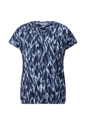 Navy blue top with short sleeves featuring an abstract light blue and white pattern. V-neckline and slightly gathered hem. Soft, fluid fabric.