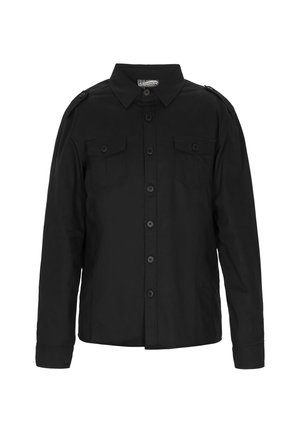 Melns kokvilnas krekls ar pogām. Ar garām piedurknēm, divām krūšu kabatām un plecu epauletēm. Klasicisks apkakles dizains.