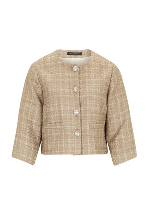 Beige tweed jacket with a cropped design, rounded neckline, and five front buttons. Features textured fabric and two front pockets.
