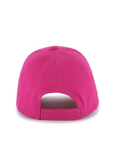 Bright pink baseball cap with a rounded crown and a curved visor. The back features an adjustable strap and stitching details.