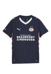 Mornarica nogometna majica s bijelim detaljima i crvenim prugastim stranama. Sadrži Puma logo, PSV oznaku s dvije zvijezde i natpis "BRAINPORT EINDHOVEN".