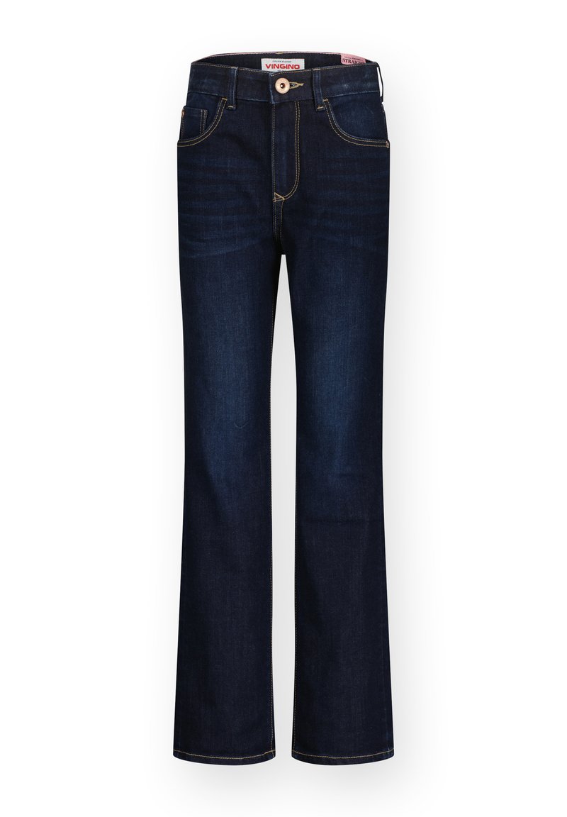 Jeans in denim blu scuro con taglio dritto, dotati di chiusura a bottone, cinque tasche e cuciture gialle a contrasto.