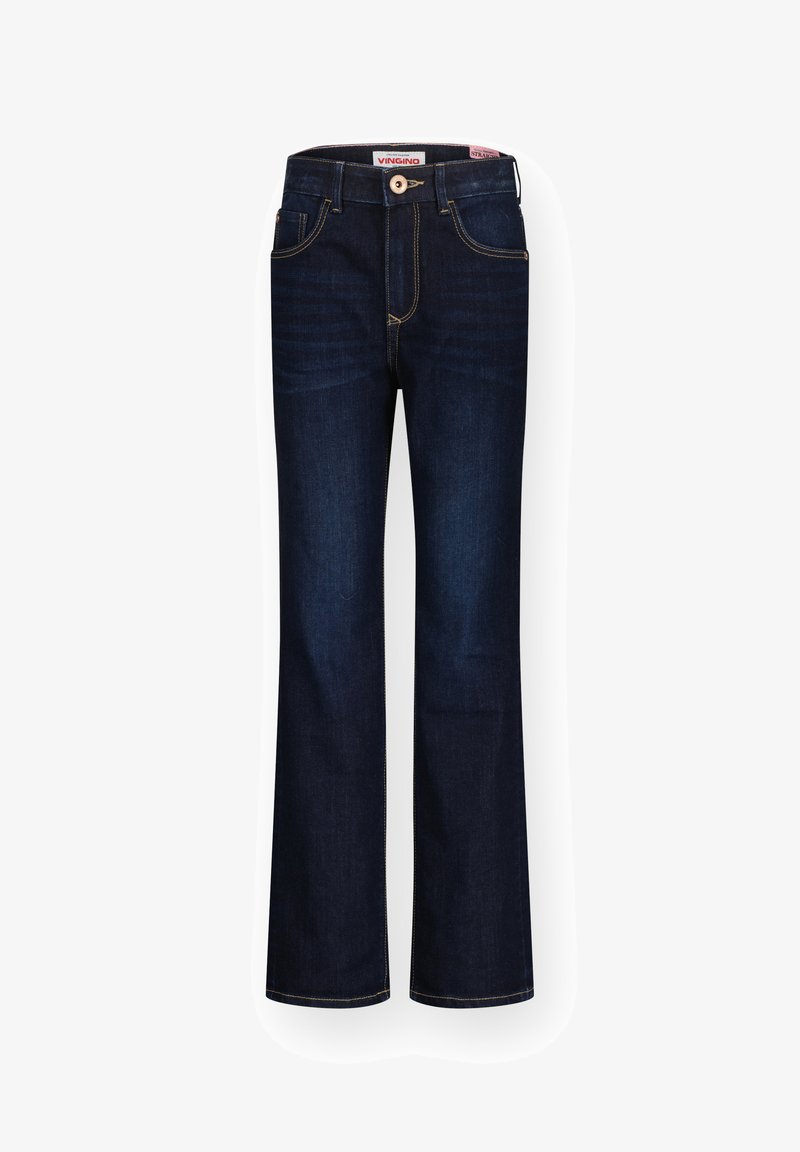 Jeans in denim blu scuro con taglio dritto, dotati di chiusura a bottone, cinque tasche e cuciture gialle a contrasto.