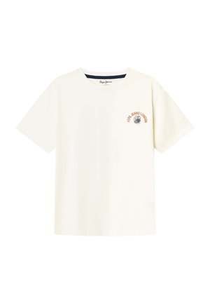 Kurzärmeliges weißes T-Shirt mit kleinem braunem "Pepe Jeans London"-Text und einem runden Emblem auf der linken Brustseite.