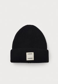 Black ribbed knit beanie with folded cuff featuring a white square label displaying the brand name "SAMSØE" twice.
