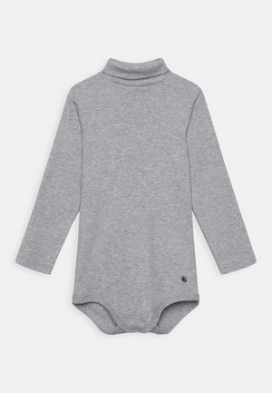 Bodysuit per bambini a maniche lunghe di colore grigio chiaro, con collo a dolcevita e bottoncini a pressione sul fondo per facilitare il cambio del pannolino.