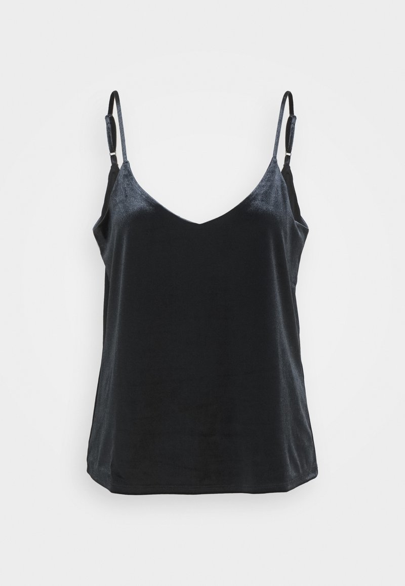 Camisole en satin noir avec un décolleté en V profond, des bretelles fines et ajustables, et une texture lisse, offrant une coupe ample.