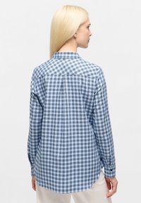 Vrouw met lang blond haar die een langwerpige blouse met blauw-witte ruitjes draagt, gezien van achteren tegen een witte achtergrond.