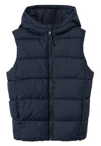 Tummansininen puhallettava liivi, jossa on huppu, vetoketjukiinnitys ja ommeltuja osioita. Valmistettu kevyestä, eristetystä materiaalista lämmönsäilyttämiseksi.