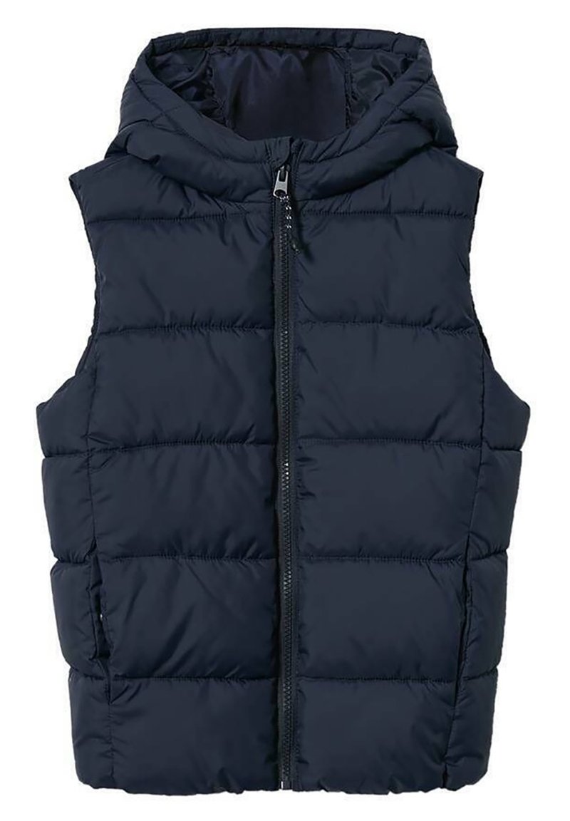 Tummansininen puhallettava liivi, jossa on huppu, vetoketjukiinnitys ja ommeltuja osioita. Valmistettu kevyestä, eristetystä materiaalista lämmönsäilyttämiseksi.