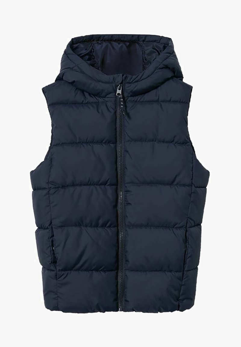 Granatowa kamizelka puchowa z kapturem, z zapięciem na zamek i pikowanymi sekcjami. Wykonana z lekkiego, izolowanego materiału dla zapewnienia ciepła.