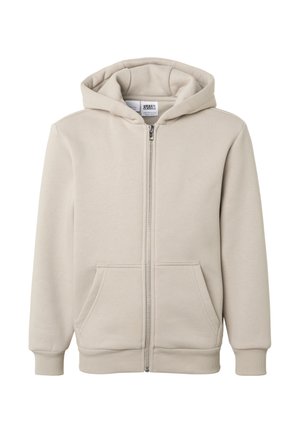 Beež värvusega täislukuga kapuutsiga dressipluus esitaskute, soonikkoes mansettide ja soonikkoes äärega, Urban Classics sildiga krae sees.