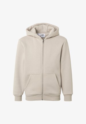 Smėlio spalvos pilnu užtrauktuku užsegama džemperis su kapišonu, priekiniu kišenių, raukšlėtais rankogaliais ir raukšlėta apačia, žymimas Urban Classics ant apykaklės viduje.