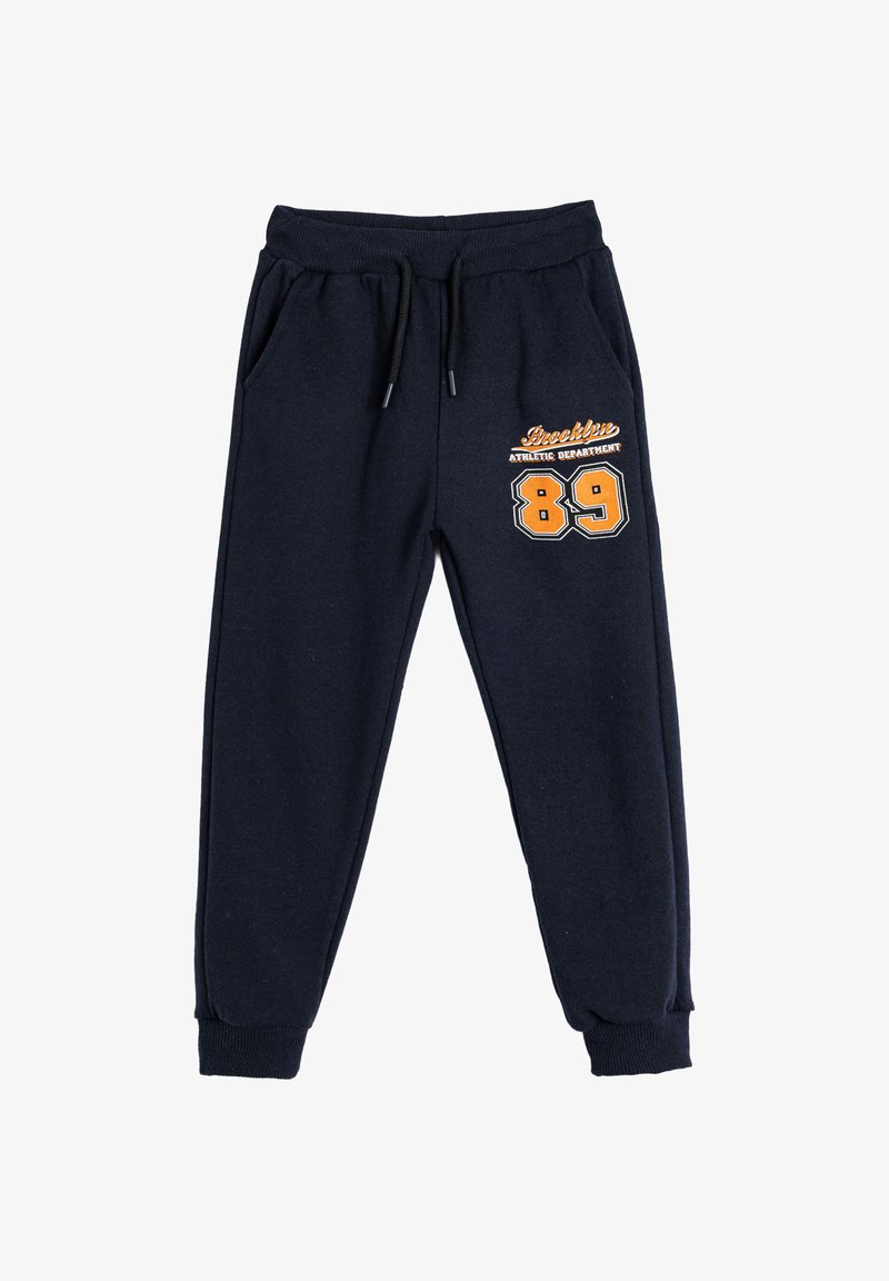 Marineblauwe joggingsbroek met elastische tailleband en trekkoord, voorzien van een geprinte oranje logo "Brooklyn Athletic Department" en het nummer "89."