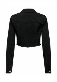 Black cropped denim jacket with frayed hem, long sleeves, buttoned cuffs, and a classic collar shown from the back.
