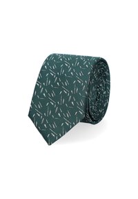 Zielony krawat o teksturowym wykończeniu, z delikatnym białym wzorem. Zwężający się fason, zwinięty do wyeksponowania. Gładki materiał, elegancki styl.
