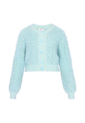 Vaaleansininen pörröinen neuletakki pitkillä hihoilla, ribbikuvioidut hihansuut ja viisi samansävyistä nappia edessä.