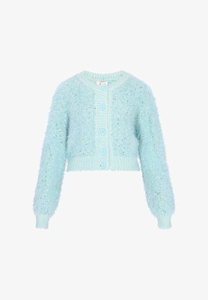 Helle blaue, flauschige Strickjacke mit langen Ärmeln, gerippten Bündchen und fünf passenden Knöpfen im Frontbereich.