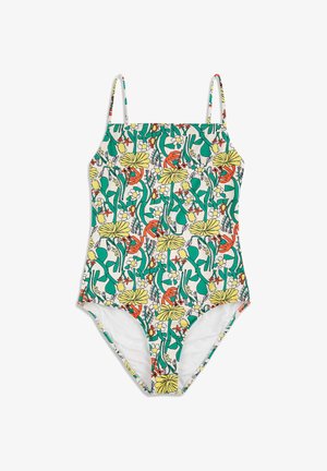 Maillot de bain une pièce à fines bretelles, présentant un motif floral coloré avec des feuilles vertes, des fleurs jaunes et orange sur un fond blanc.